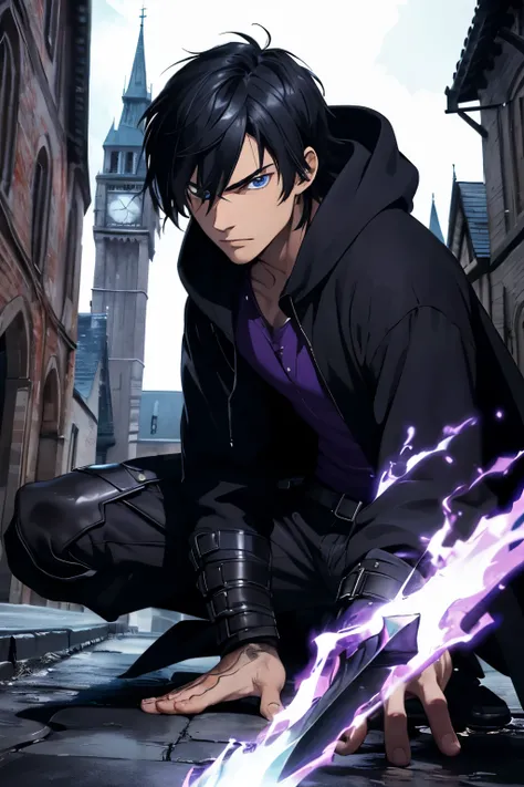 (extremely detailed 8k wallpaper), a medium shot of a fearful young rogue, male, male focus, black hair, blue eyes, black clothing, hooded, medieval, intricate, high detail, with a shadow blade in his hand with purple fire, crouching on a stone