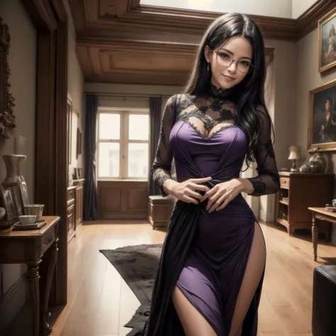 (best quality,4k,8k,highres,masterpiece:1.2),ultra-detailed, Serious looking Latina woman , purple suit dress, long black hair worn up, glasses, between  35 and 45 years old, mature  professional woman, domineering smile, standing in living room, HDR, 8k, ...