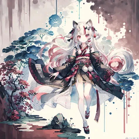 ((4K,masterpiece,best quality)), shuimobysim, Chinese traditional ink painting, lotus, hanfu, Maxi Chit, Dress conservatively,Aimee, 1 girl, alone, white hair, long hair, fox ears, white,