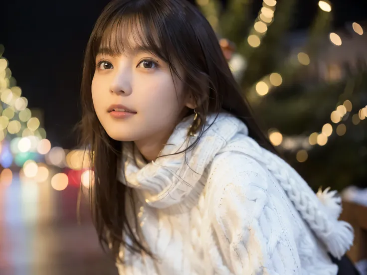 1 girl, 16 years old、Gravure model for Japan, (cute, beautiful girl,profile:1.2), Modest big,  𝓡𝓸𝓶𝓪𝓷𝓽𝓲𝓬,Beautiful Christmas night view and snow:1.2, (Looking up at the big Christmas tree:1.5)、A city of beautiful Christmas lights,  (fluffy white wool sweate...