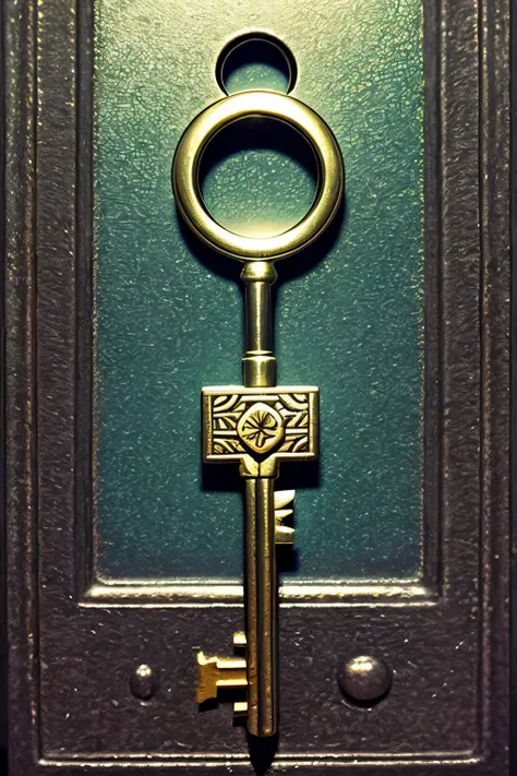 An intricately detailed metal key, shaped like a stylized flower, is poised to be inserted into the keyhole. The keys petals are made of fine wires, giving it an ethereal glow under the high dynamic range (HDR) lighting. The keyhole is set against a textur...