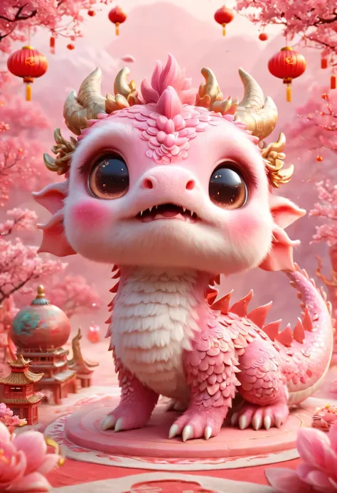 Q version,Cute little dragon,Chinese style,pink space,festive atmosphere,Spring Festival,Lovely antlers,Chinese elements,cartoon,cute pet,Lively