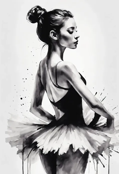 The expression and posture of the ballet dancer are shown through the contrast of ink..Simple black and white background.super detailed.woman in ballet position wearing ballet shoes.Black and white ink painting style,sexy painting, Beautiful and elegant fa...