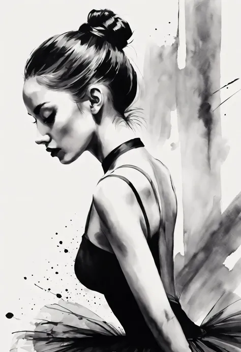 The expression and posture of the ballet dancer are shown through the contrast of ink..Simple black and white background.super detailed.woman in ballet position wearing ballet shoes.Black and white ink painting style,sexy painting, Beautiful and elegant fa...