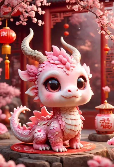 Q version,Cute little dragon,Chinese style,pink space,festive atmosphere,Spring Festival,Lovely antlers,Chinese elements,cartoon,cute pet,Lively