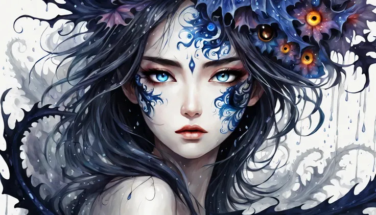 Watercolor Paint, Dangerous girl&#39;Center position of upper body&#39;head of, evil eye flower, dragon, with the darkest splash, Focusing on dark fantasy fractal flowers, high quality, Drooping rain,the background is white、hair is combed、