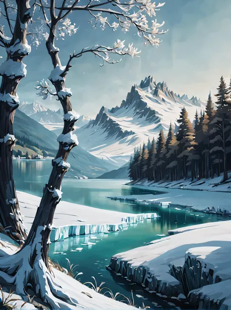 serene lago covered with a thin Geada, The delicate and intricate texture of ice and frost is depicted in the painting, the Realistic lighting effects fill the entire scene with a sense of vitality, the creative composition and perspective add profundidade...