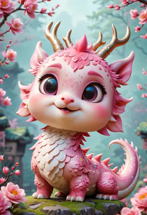 Q version,Cute little dragon,Chinese style,pink space,festive atmosphere,Spring Festival,Lovely antlers,Chinese elements,cartoon,cute pet,Lively