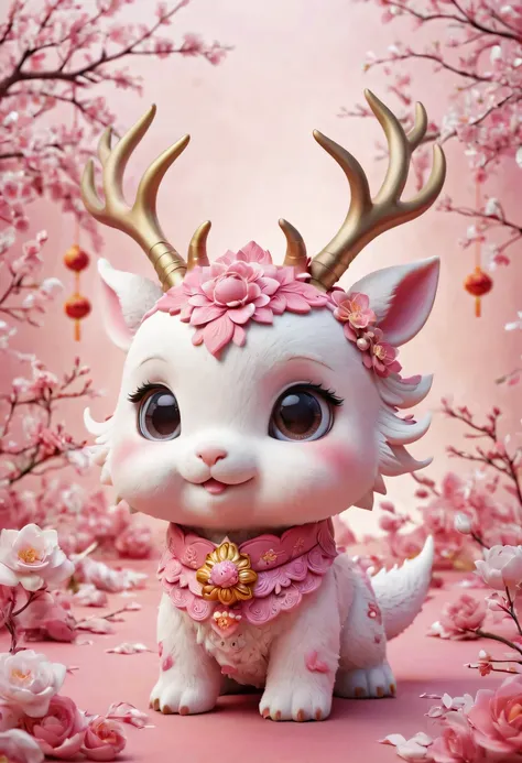 Q version，Cute little dragon，Chinese style，pink space，festive atmosphere，Spring Festival，Lovely antlers，Chinese elements，cartoon，cute pet，Lively