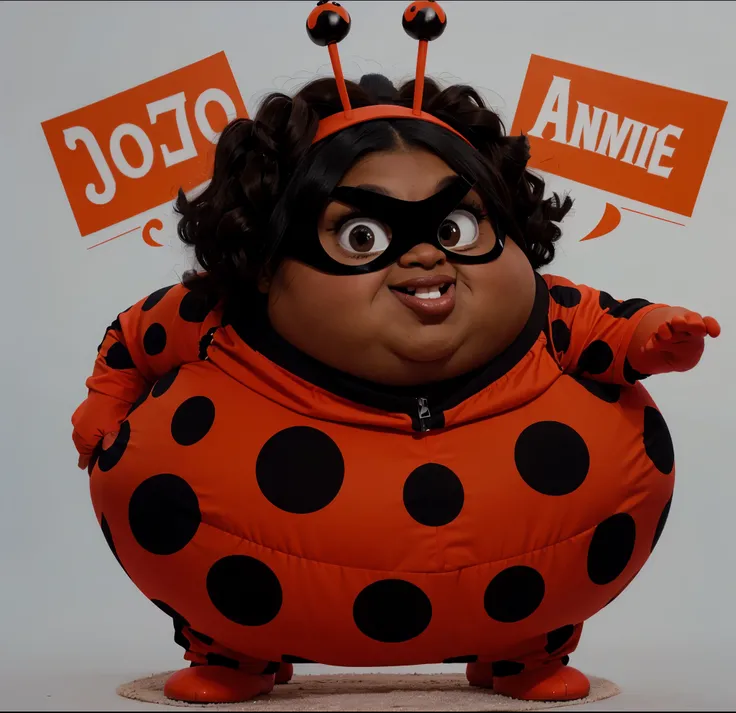 Fat black funny woman dressed in ladybug costume, run, estilo pixar