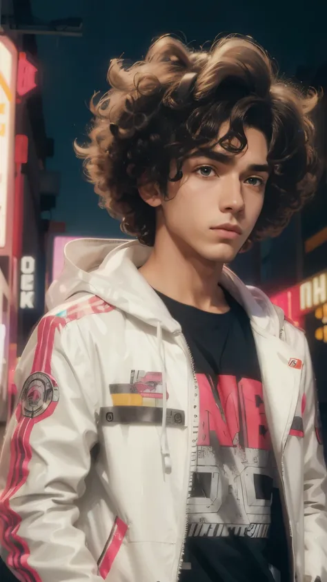 boy, , Brunette, curly hair, White jacket with neon details, cartoon, anime