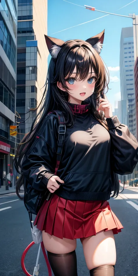 Cute anime girl with cat ears in modern urban setting in cartoon style