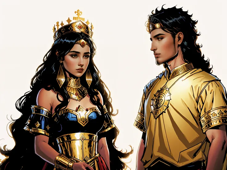 theres a young woman, black hair with a crown on her head and royal attire. There is a servant by your side. biblical costumes, biblical style, biblical setting. Estilo comics.