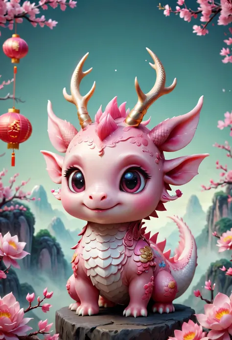 q version，cute little dragon，chinese style，pink space，festive atmosphere，spring festival，lovely antlers，chinese elements，cartoon...