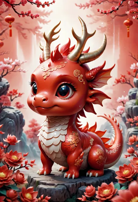 q version，cute little dragon，chinese style，red space，festive atmosphere，spring festival，lovely antlers，chinese elements，cartoon，...