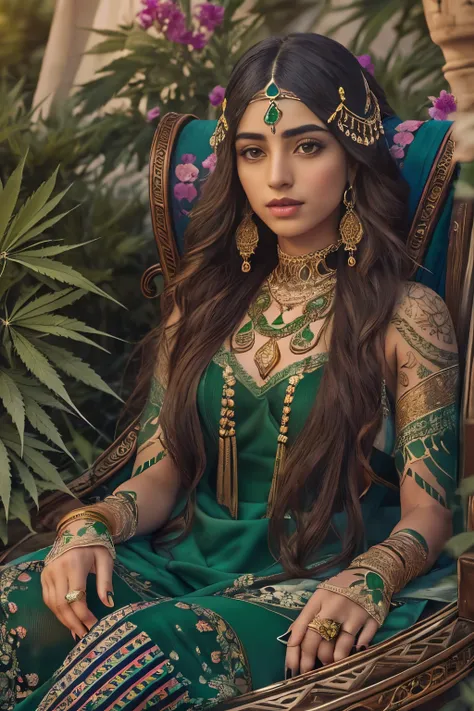 ((joyful ((athletic and healthy ((Palestinian)) girl)) with very long hair (sitting in opulent) throne while peacefully observing the sunrise, (wearing detailed sheer emerald-green negligee), (wearing antique lace necklace), (detailed cannabis flower tatto...