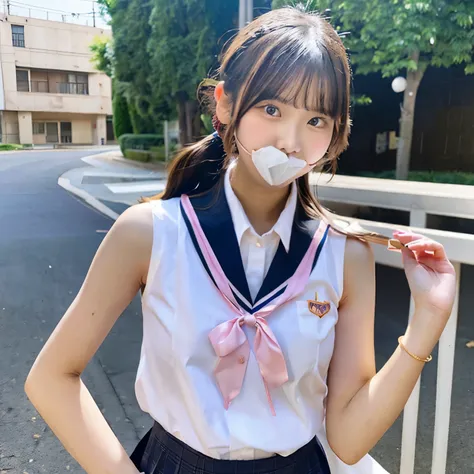 She is wearing a high school uniform with a pink ribbon on her chest.、She is wearing sleeveless clothes, showing her armpits, holding a penis in her mouth, and lifting up her skirt.