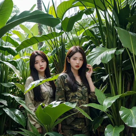 create a hyper-realistic photo of Korean girls group in the jungle. camouflage. M4A1 and MP5. banana plants. High contrast. detail plants. Clear color. bright color. volume light.