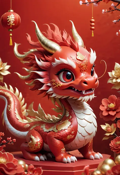 chinese dragon，q version，cute little dragon，red space，festive atmosphere，cny，cny，chinese elements，cartoon，cute pet，lively