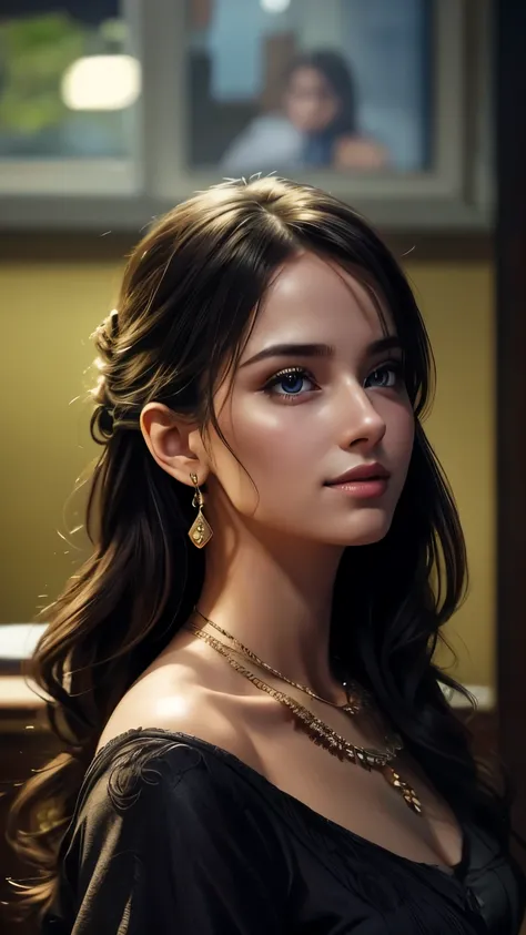 best quality, masterpiece, ultra high res, photorealistic, 1girl, offshoulder, face portrait of 1girl, light long hair, wearing a secretary suit, in an office, (slightly smiling), closeup, (makeup), earring, necklace, detailed eyes, limbal ring, (masterpie...