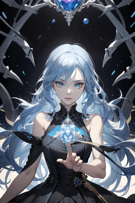 1 girl, mature woman, wavy blue hair, long hair, white skin, blue eyes, Black dress, Finely detailed eyes and detailed faces,Mysticism.,Magic Stone,Sceptre,Skeleton hand around, Very detailed CG unity 8k wallpaper., complicated details, Take a break , Kale...