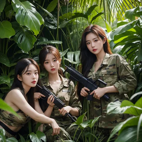 create a hyper-realistic photo of Korean girls group in the jungle. camouflage. holding M4A1 and MP5 guns. banana plants. High contrast. detail plants. Clear color. bright color. sunray.