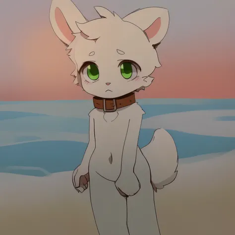 A white rabbit with green eyes and a brown collar, furry shota, shota rabbit, rabbit ears, cute shota boy, 5 years old, 5 year old shota rabbit, White fur, very white fur