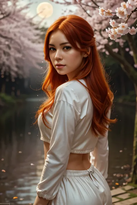 ((solo)) beautiful orange-haired female, looking at viewer, cherry blossom, night, fog, flower, multi tail, full moon,, best qua...