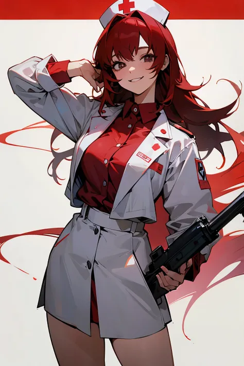 1girl, full illustration, wearing nurse uniform, red hair, have a shotgun, anime style, horney, smiling