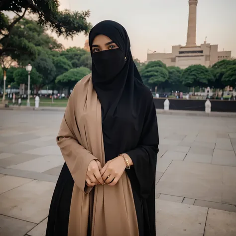 beautiful face, brown eyes, bold eyebrow, pretty smile, wearing hijab, black long hijab, wearing long dress, small bag in side a...