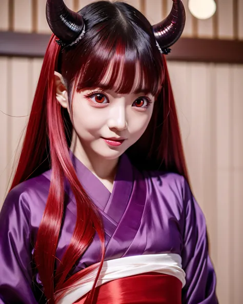 beautiful japanese woman　(devil girl:1.5)　(whole body:1.2)　complex colored red hair　platinum red thin hair　small devil horns on forehead　Detailed complex hair　natural makeup　Super Long Straight Silk Hair　asymmetrical bangs　big magic eyes　moist red eyes　 mi...