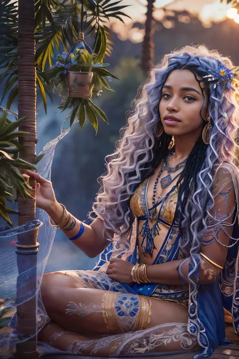 ((joyful ((athletic ((Honduran)) girl)) with very long curly blue hair (sitting in opulent) throne while peacefully observing the sunrise, (wearing detailed sheer sapphire-blue negligee), (wearing antique lace necklace), (detailed cannabis flower tattoos o...