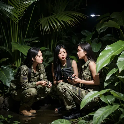 create a hyper-realistic night photo of Burmese girls group in the jungle at the night. detail face. they wear Camouflage vest. pants and jungle boots. holding M4A1. near the river. detail rocks. detail water.  banana plants. moonlight only. dirty. High co...