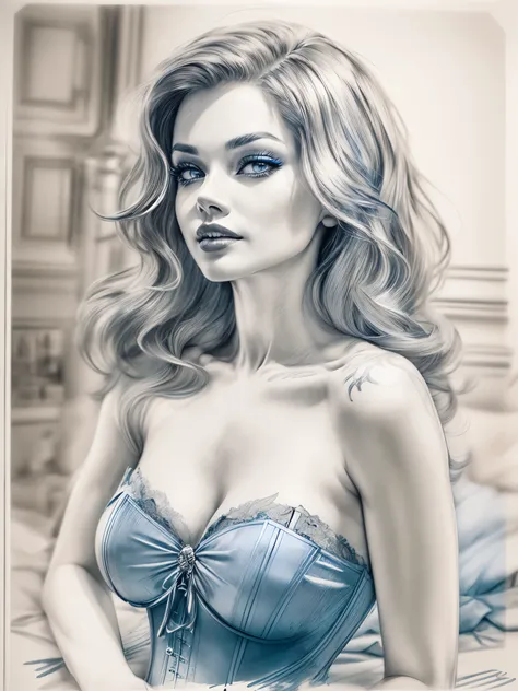 A (ink sketch: 1.5) glamours model shot, ink sketch, RAW, award winning, of an exquisite beautiful 1solo woman, ultra feminine, full body, busty woman, most beautiful face, long  hair, wavy hair, wearing (blue: 1.5) silk corset, stockings, wearing intricat...