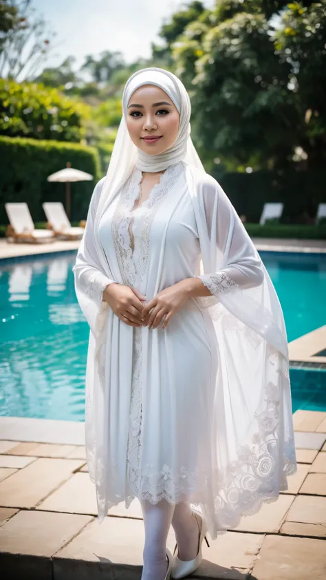 Indonesia mature woman,((35 years old)), plump, wearing a hijab, Masterpiece: 1.3, wearing a dark white pearl robe, white stockings, heels, Masterpiece, lace motif robe, soft smile, bokeh swimming pool background, full flower bokeh