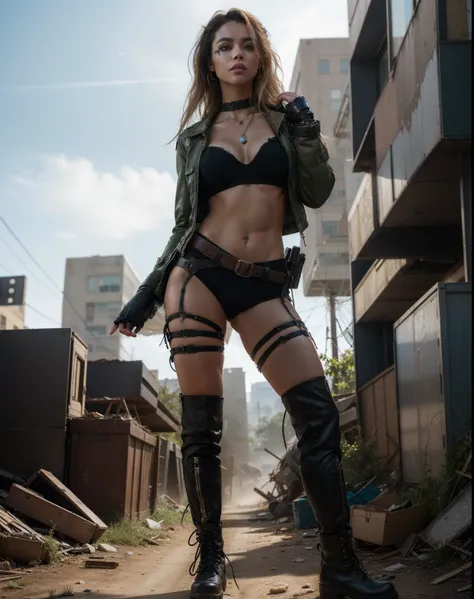 (Post Apocalypse Wanderer), (Female), (Fantasy Apocalyptic Setting), | (Wandering through overgrown City), | (FULL BODY Generation!!!), | (Insane clothing details), (Apocalyptic Outfit), (aesthetic style), (Clothing show skin), (Necklace), (Pistol on hip),...