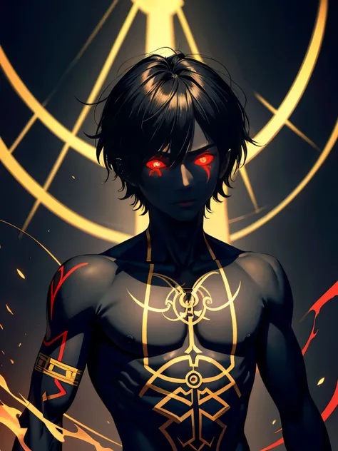 masterpiece, best quality, ultra high res, (dark art:1.3), deep shadow, dark theme, photo of djinn possessed tan boy with glowing eyes with painted sigils seals and hieroglyphics painted allover body