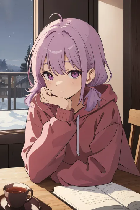 Scene View,null,anime style,morning,headrest, intense angle, Curtsey,(Light purple hair)、medium hair、big round eyes、(winter scenery),highest quality、Multicolored hair、((indoor))、red color hoodie,low twintails、