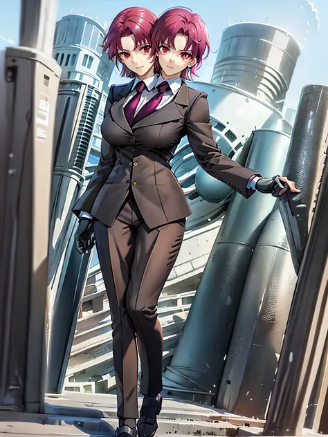 (2heads:1.4), (masterpiece, best quality:1.2), bazett, fgo, 1girl, (solo), short hair, red hair, bangs, red eyes,  large breasts, black gloves, formal suit, necktie, jacket, full body, earrings, city background, nighttime, beautiful background