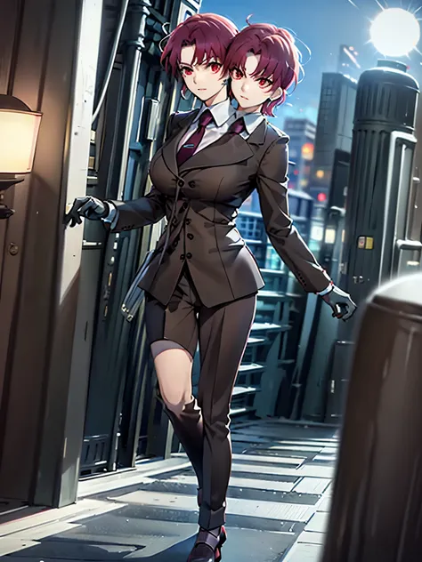 (2heads:1.4), (masterpiece, best quality:1.2), bazett, fgo, 1girl, (solo), short hair, red hair, bangs, red eyes,  large breasts, black gloves, formal suit, necktie, jacket, full body, earrings, city background, nighttime, beautiful background