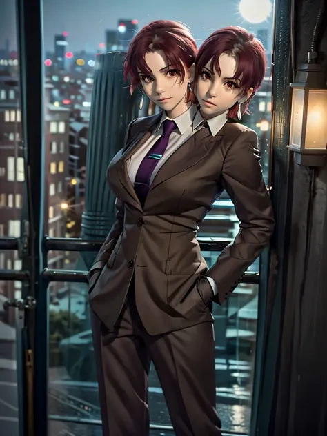 (2heads:1.1), (masterpiece, best quality:1.2), bazett, fgo, 1girl, (solo), short hair, red hair, bangs, red eyes,  large breasts, black gloves, formal suit, necktie, jacket, full body, earrings, city background, nighttime, beautiful background, 8k, 4k, rea...