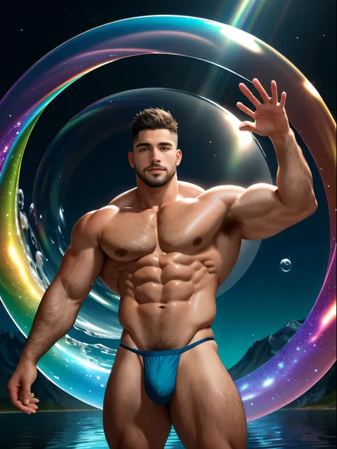 Best quality, masterpiece, ultra high res,detailed background,realistic,solo,male, micro thong,mature, young muscular man,topless,muscular,mature male,thick thighs,short hair,facial hair,undercut,short hair,magic circle, bubble,on water,reflected mirror,ra...