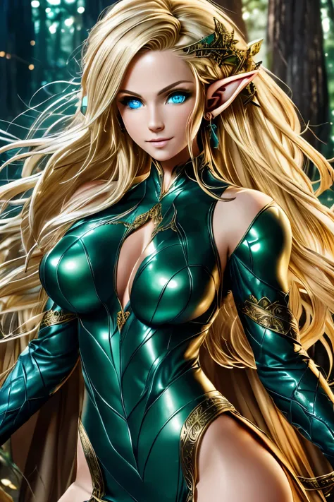 medieval setting, full view of body, (detailed elf ear, 1 woman, elven featured face, beautiful green eyes, blonde hair), leather armor, black leather pants, 