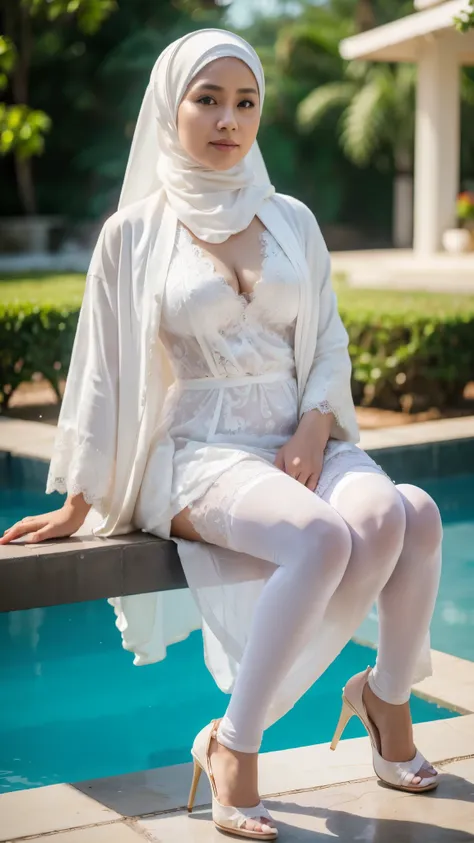 Indonesia mature woman,((35 years old)), plump, wearing a hijab, Masterpiece: 1.3, wearing a dark white pearl robe, white stockings, heels, Masterpiece, lace motif robe, soft smile, bokeh swimming pool background, full flower bokeh