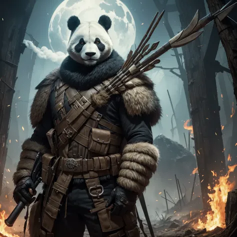 Panda vestindo armadura ((um arqueiro)) standing, In an apocalyptic scenario, segurando um arco, Hunter,urso panda maligno, olhos vermelhos, (horrible atmosphere) terror, poeira levemente flutuando, smoke vapor behind the main character, cara de mal, macab...