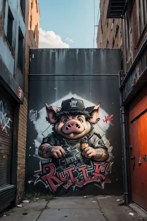 A gritty and urban depiction of a gangster pig, with a graffiti-style rendering that captures the raw energy and rebellious spirit of street art, while also incorporating elements of space and the unknown.