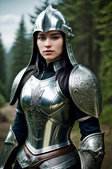 (Medieval Warrior, helmet adorned with intricate designs, armor plate hosting precise engravings, RPG style), wielding a sharp and glistening sword, amidst the backdrop of a dense, forested landscape. Cinematic visual presentation, 4k Ultra HD resolution, ...