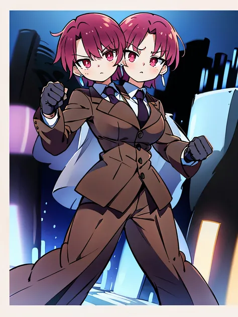 2heads, (masterpiece, best quality:1.2), bazett, fgo, 1girl, (solo:1.3), short hair, red hair, bangs, red eyes,  large breasts, black gloves, formal suit, necktie, jacket, half body, action pose, punching, earrings, city background, nighttime, beautiful ba...