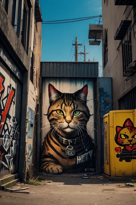 A gritty and urban depiction of a gangster cat, with a graffiti-style rendering that captures the raw energy and rebellious spirit of street art, while also incorporating elements of space and the unknown.