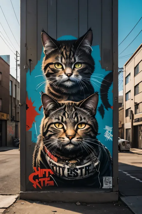 A gritty and urban depiction of a cat, with a graffiti-style rendering that captures the raw energy and rebellious spirit of street art, while also incorporating elements of space and the unknown.